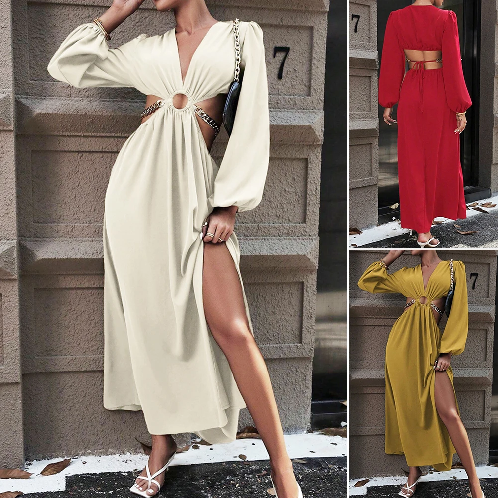 Women's Sexy Solid Color Long Sleeve Deep V-Neck Maxi Party Dress Autumn 2025 Waist Cutout Chain Detail High Slit