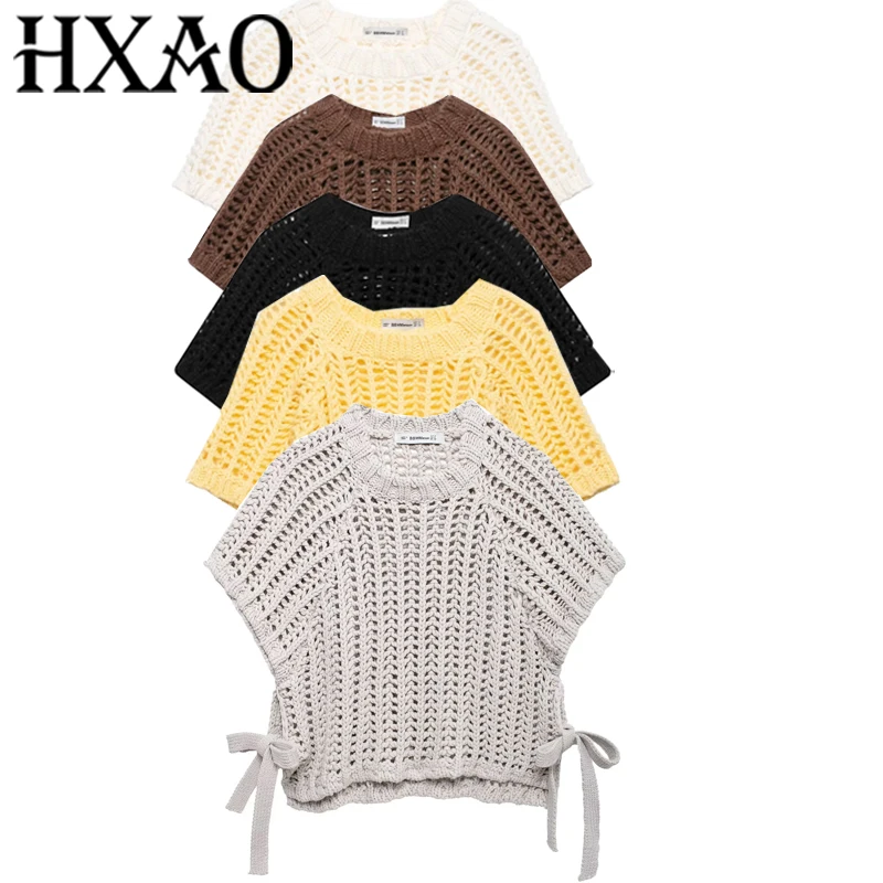 

HXAO Women's Sweater Cut Out Crop Knit Sweater Tops Butterfly Knitwear Summer Short Sleeve Gray Black Sweater Loose Knitting