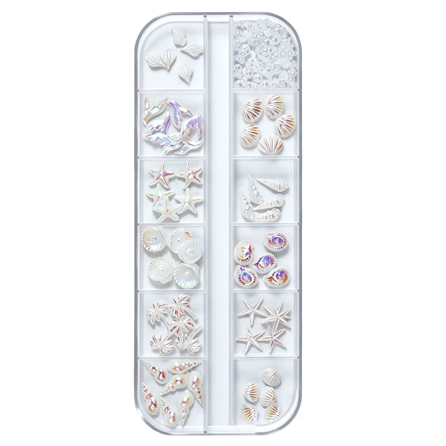 12-teiliges Nagelcharms-Set mit Ozean-Motiv, Aurora-Irisierend, 3D-Muschel-, Seestern- und Meerjungfrauen-Perlen, Nageldekorationen für die Maniküre – Detail 7