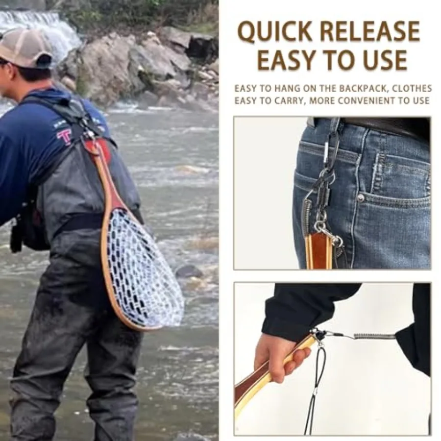 Square Head Fly Fishing Landing Net Trout Soft 23.62in Rubber Catch and Release Fish Net with Wooden Handle Frame Magnetic Fly - view 4