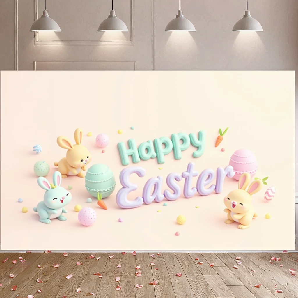 Easter Bunny Decorative Banner Pastel Colors Backdrop for Party Photo Shoot Home Decor Spring Celebration Happy Easter Sign