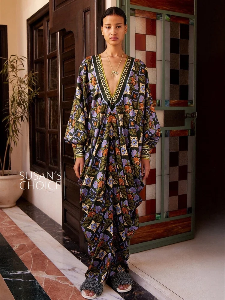 

Susan Australian Retro Silk Print Batwing Sve V Ne Loose Dr Faionable Casual Long Sve H Version Ladies Dr