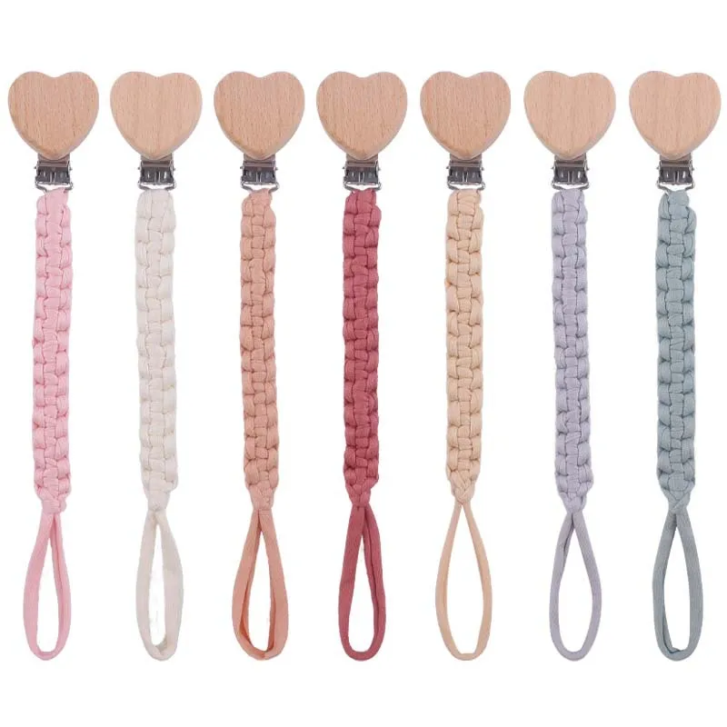 Baby Wooden Heart-shaped Pacifier Clip Infant Handmade Cotton Woven Pacifier Chain DIY Dummy Nipple Holder Infant Teething Toy