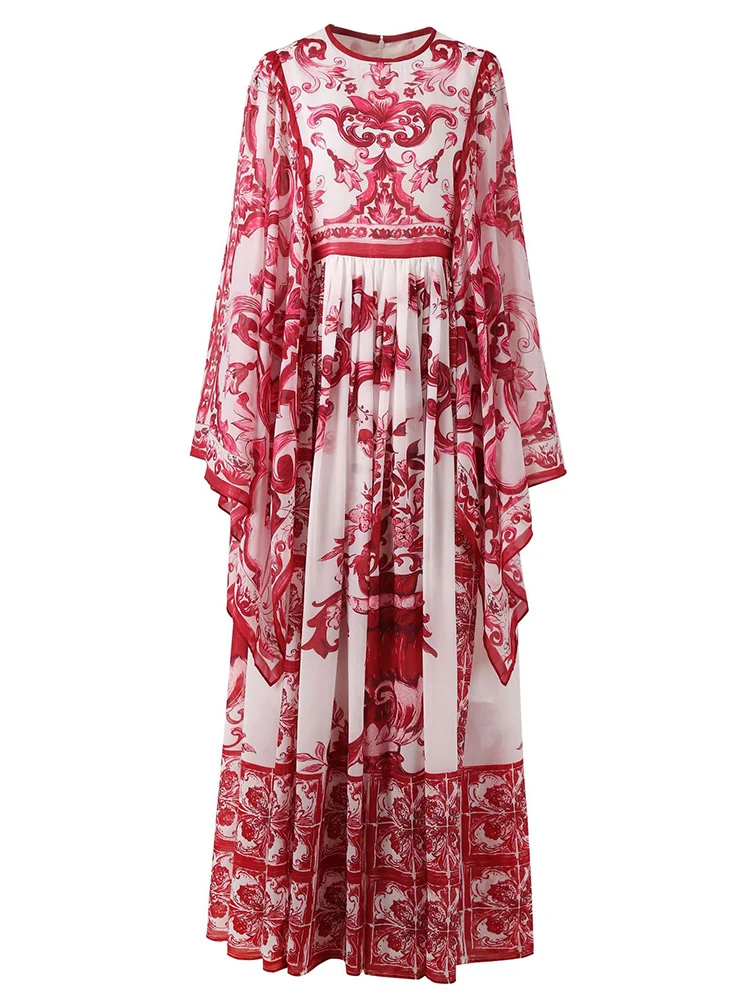 

Fashionable Full Long Dress for Women, Chiffon Silk, Red Porcelain Printing, Suqare Sleeve, Party Vacation, Spring and Summer