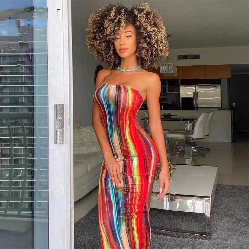 

2024New Summer Women's Printed Slim-Fit Sexy Tube Top Maxi Dress