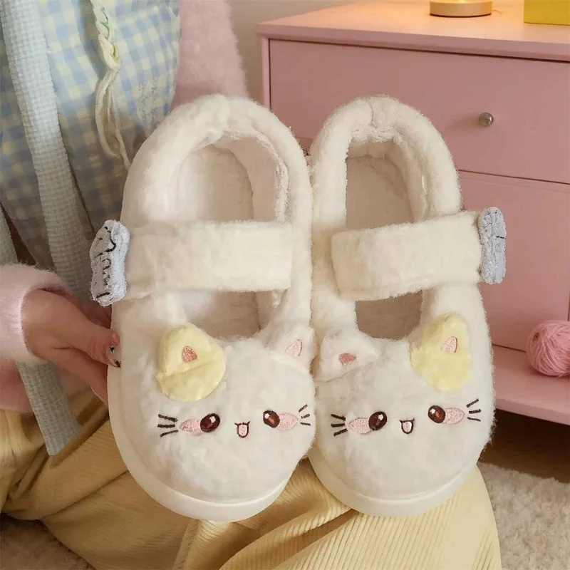 Original Japanese Kawaii Lolita Cotton Shoes Autumn Winter Girls Slippers Cute Cartoon Cat Indoor Magic Tape Thick Sole Shoes