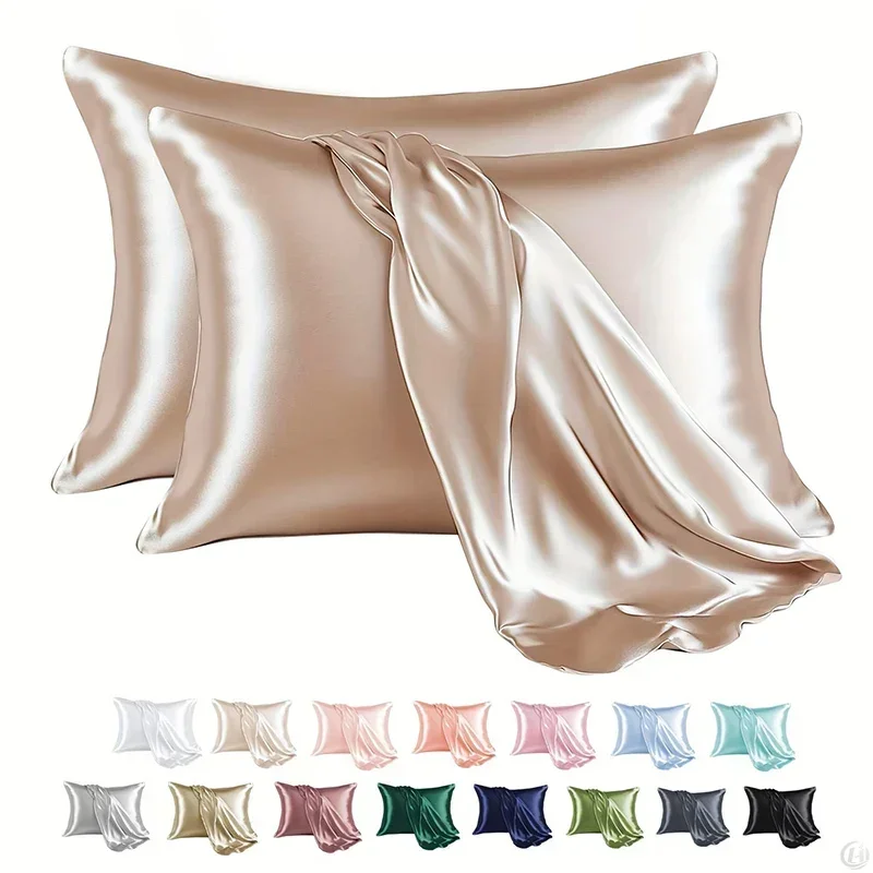 2 Pair Satin Pillowcase - Anti-Allergy Breathable Bedding Polyester Satin with Envelope Closure Machine Washable & Skin-Friendly