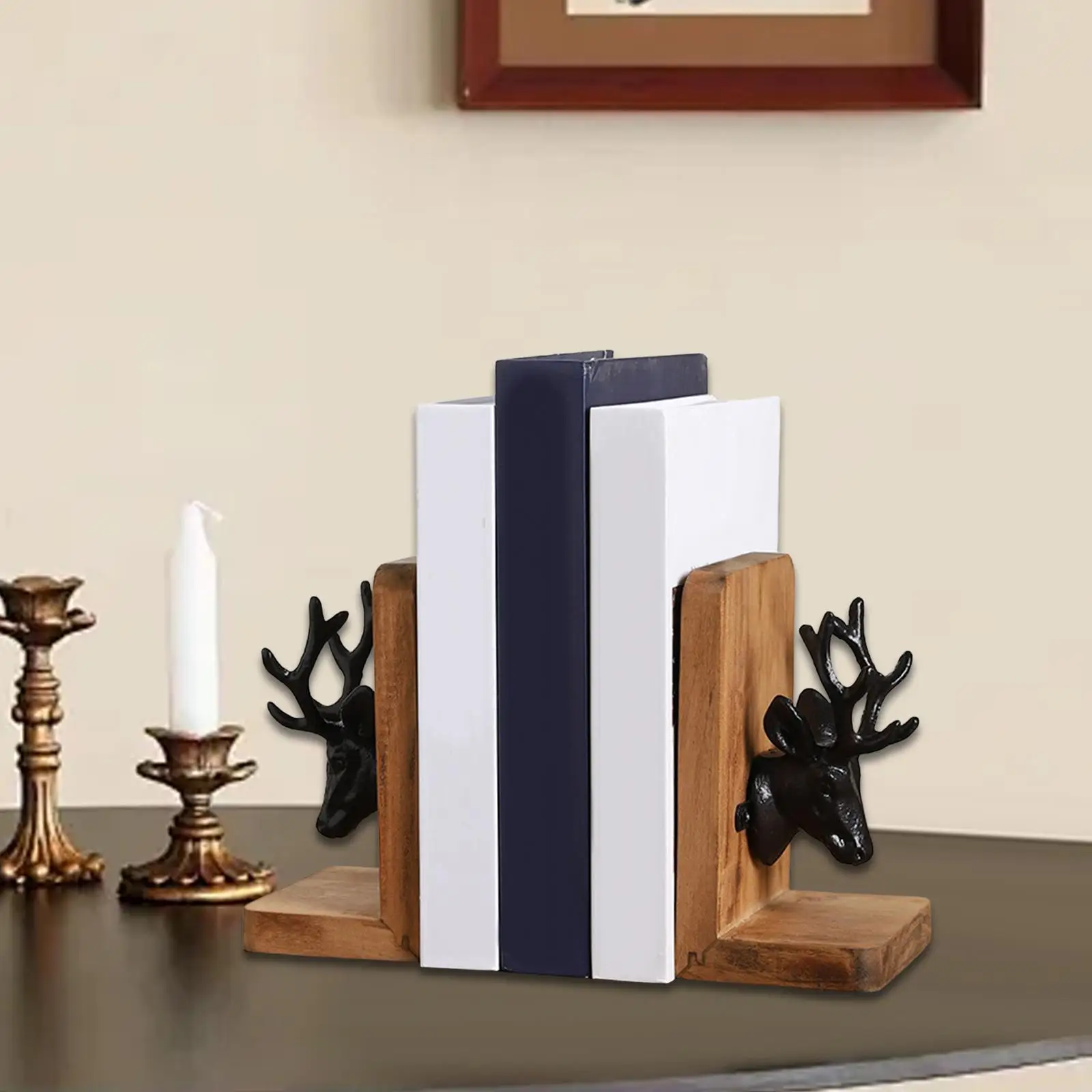 2Pcs Elk Bookends Holders Wooden Desk Organizer Book Stoppers Reindeer Book Organizer for Magazines Cookbooks Desk