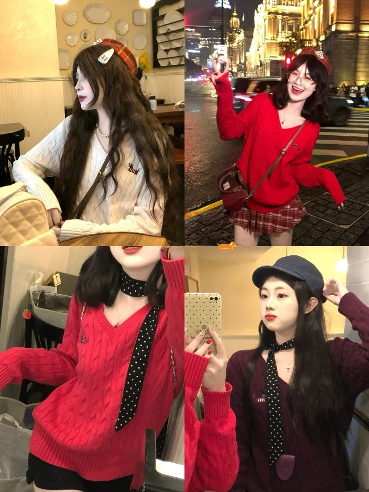 

Вязаный свитер с V-образным вырезом, ручная роспись, вышивка таксы, круглый вырез, длинный рукав, стандартный крой, осенняя одежда, в стиле колледж, женский...