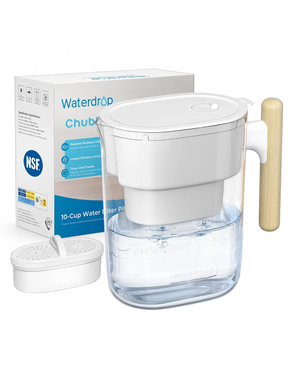 Waterdrop 200-Gallon Long-Life Chubby 10-Cup Large Water Filter Pitcher with 1 Filter, NSF Certified, 5X Times Lifetime