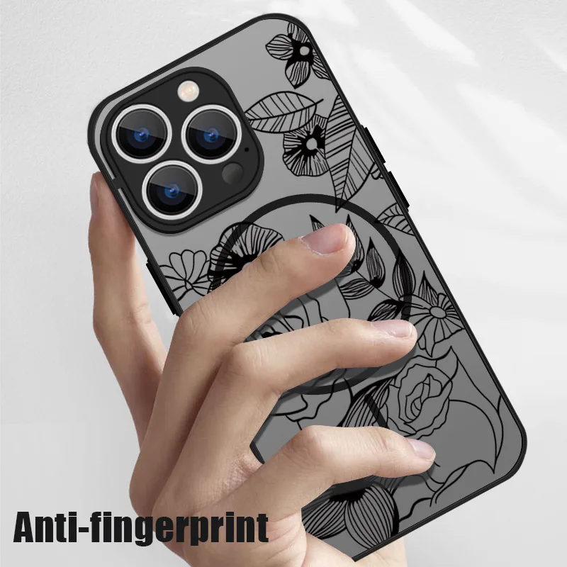 حافظة هاتف فلاور روز بلاك آرت، غطاء مغناطيسي رفيع لهاتف ابل ايفون 16 بلس برو ماكس #3