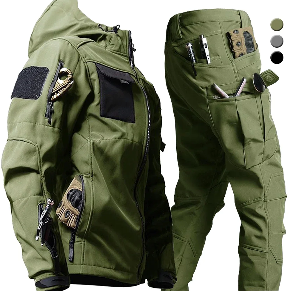 Winter Sets Men Tactical Waterproof Multi-pockets Suit Work Clothes 2 Pcs Pants Set Windbreaker Thermal Outdoor Jackets