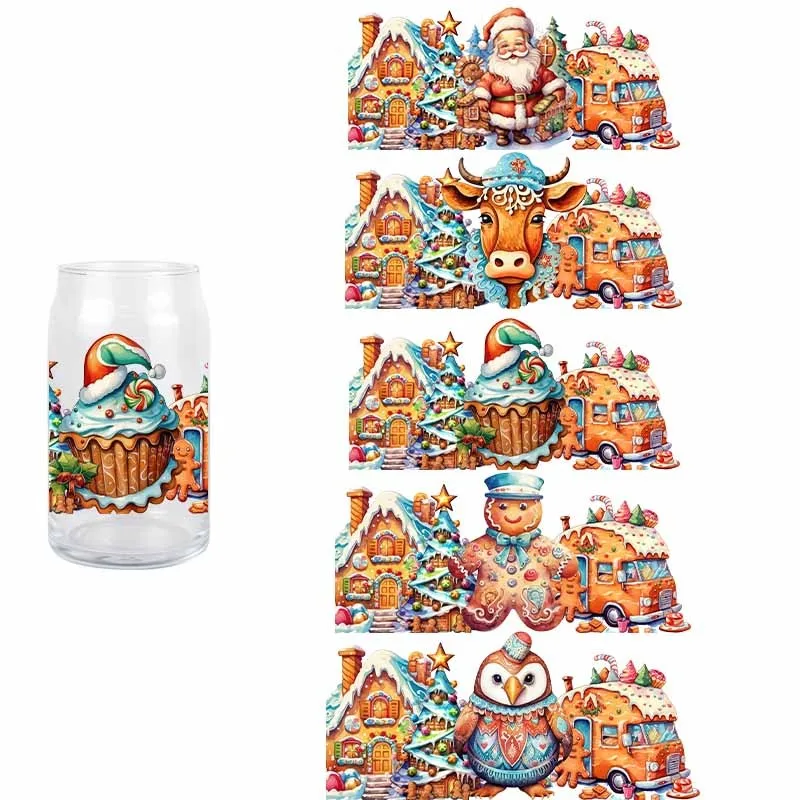 DIY Christmas UV DTF 3D Transfer Sticker Wraps Cup Animals Cow Owl Santa Claus 16 OZ Glass Cup Decals