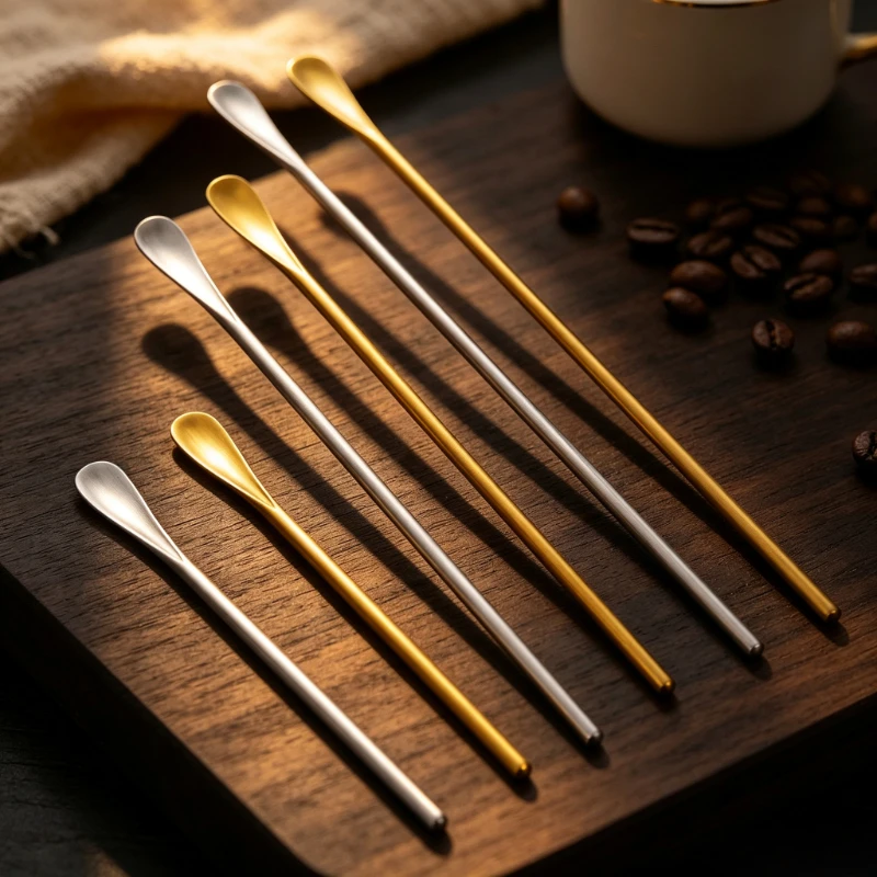 5pcs Japanese‑Style Stainless Steel Long Handle Spoon Multi‑Size Matte Coffee Stirring Spoon for Milk Tea Honey Drink Mixing