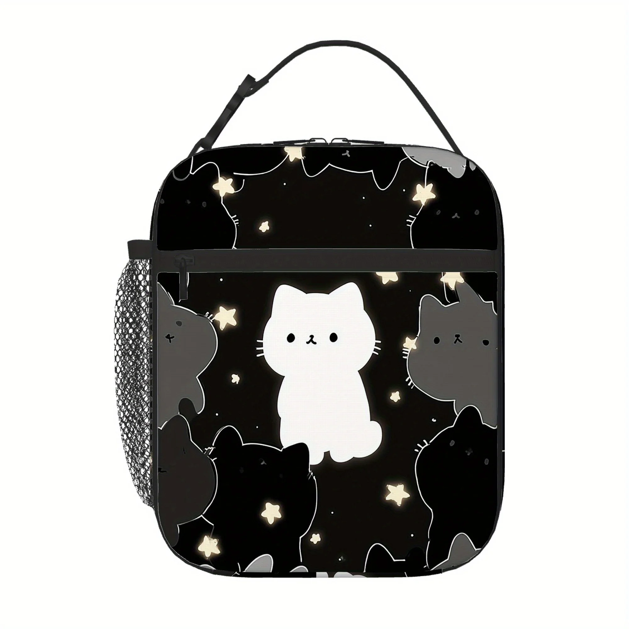 Cute Cat & Glowing Stars Printed Insulated Thermal Bag for Home, Office, Restaurant Use Insulated Lunch Bag