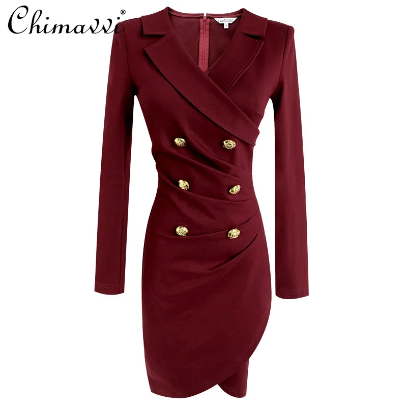 

2024 American Autumn Burgundy Double-breasted Wrap-up Slim-fit Hip-wrap Dress For Women