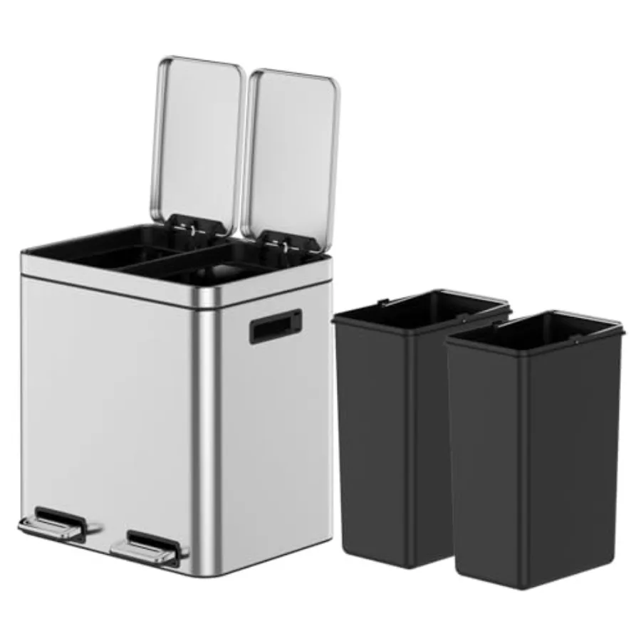 

Мусорное ведро из нержавеющей стали на 30 л (8 галлонов) с двумя отделениями, прямоугольное, с нажимной крышкой и плавным закрыванием, с 2 съемными внутренними контейнерами