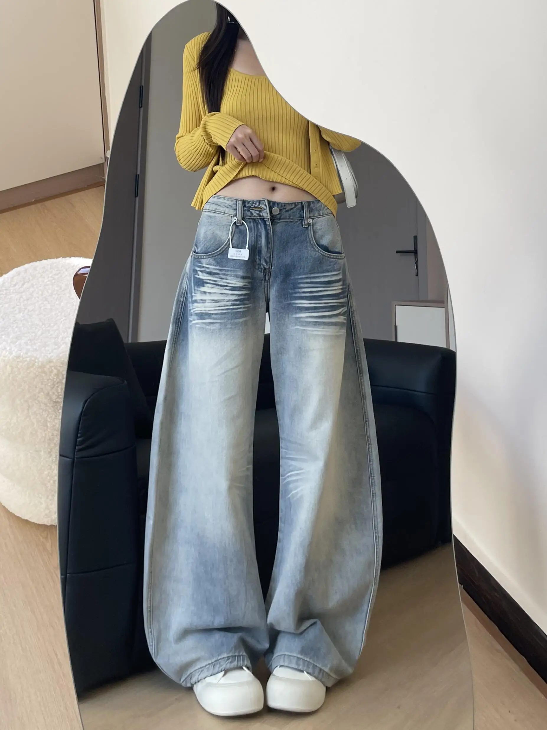 

Женские джинсы с высокой талией, широкими штанинами и прямым кроем, в американском ретро-стиле, из денима, весна 2026, свободный крой