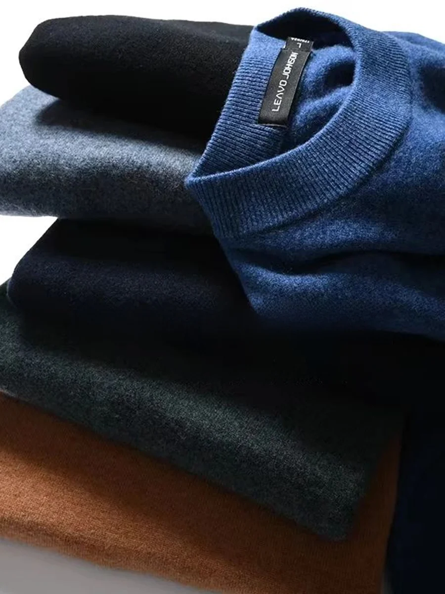 Italian Luxury 100% Wool Men's Fashionable round Neck Knitted Sweater Versatile Autumn Winter Basic Style Long Sleeve Crew Neck