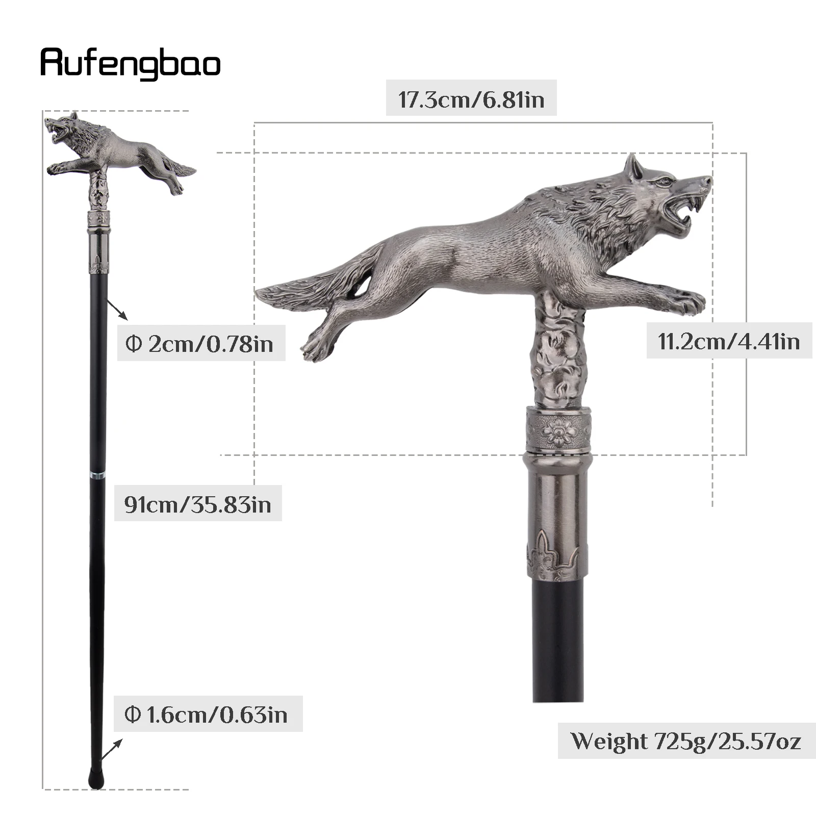 Bengala Decorativa Estilosa Silver Wolf para Corrida e Caminhada, Adereço de Fantasia Colorido e Estético, Adereço Teatral 91cm