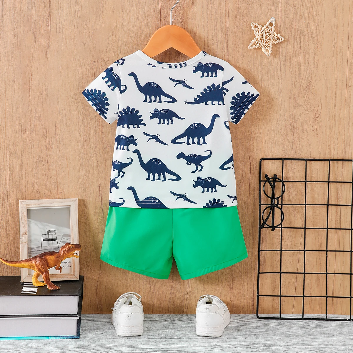 Boys Dinosaur Print Two-Piece Set White T-Shirt with Full Dinosaur Pattern Green Contrast Pocket + Matching Shorts