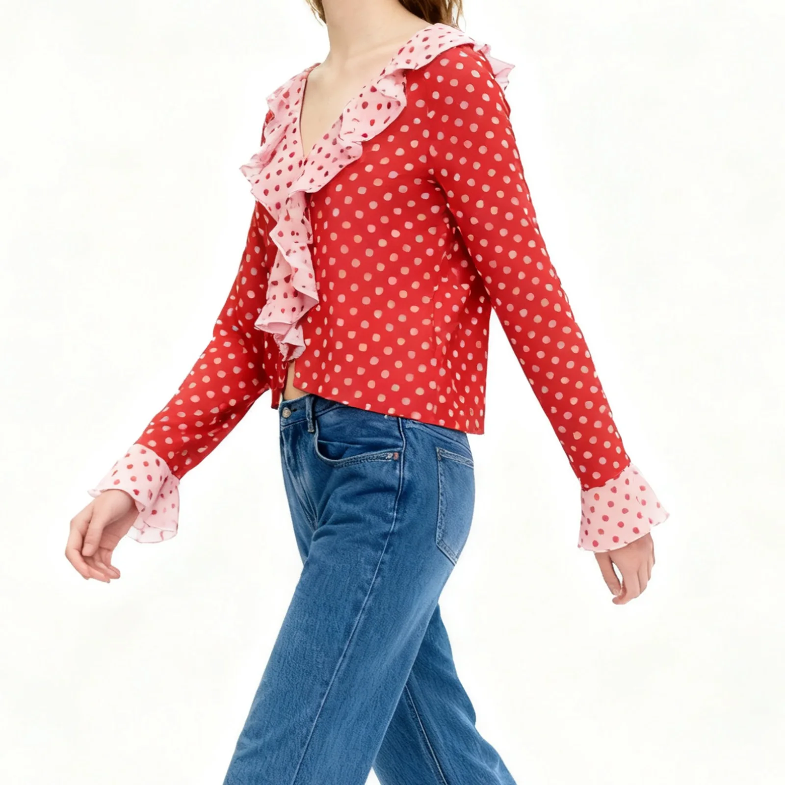 

Women Spring Summer Vintage Aesthetic Polka Dot Print Blouse Shirts Ruffles V-neck Long Sleeve Button Casual Slim Crop Tops