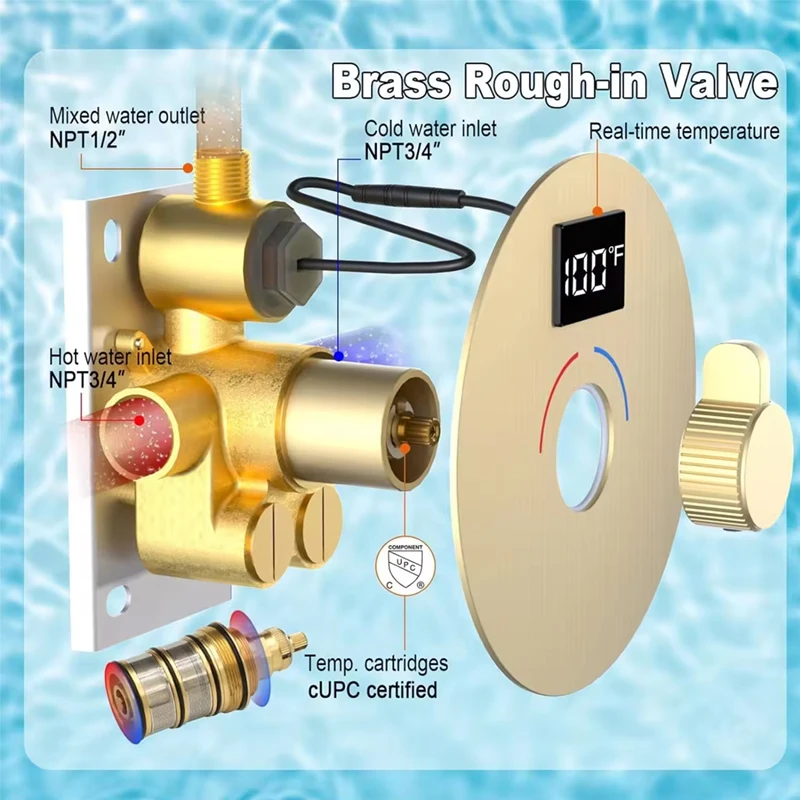 Kaiping Brushed Gold Luxury Concealed Digital Thermostatic Bathroom Led Shower Set System Brass