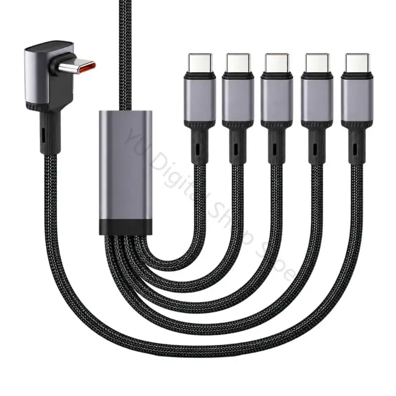 96BA Fabric-Covered 5-Way USB C Adapter Cable with 480 Mbps Data Port, 100 W Power, and Four Charging-Only Outputs
