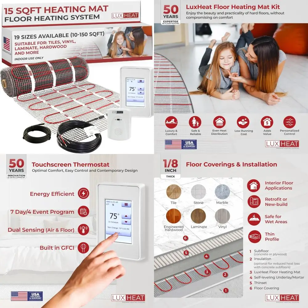 

Электрическая система обогрева пола для плитки и ламината — комплект нагревательных ковриков на 15 квадратных футов, 120 В, идеально подходит для домашних полов