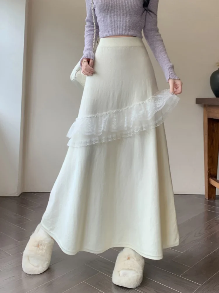 Lace Splicing Women's A- Line Long Skirt New Autumn Winter High Waist Slimming Drapey Hem Knitted Skirt Elegant Simple Style