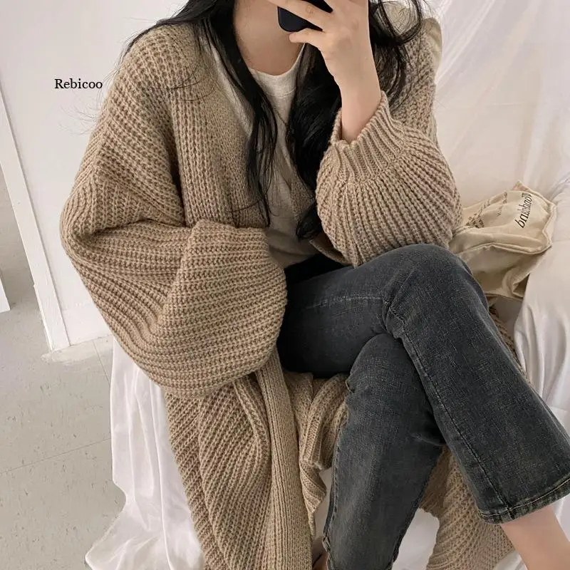 Cardigan Women Long Knitted Casual Vintage Loose Sweater Coat Solid Oversized Sweater Korean Fashion Female Cardigans 2021