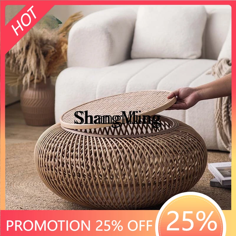 

SM woven log color bay window round tea table living room storage function rattan coffee table