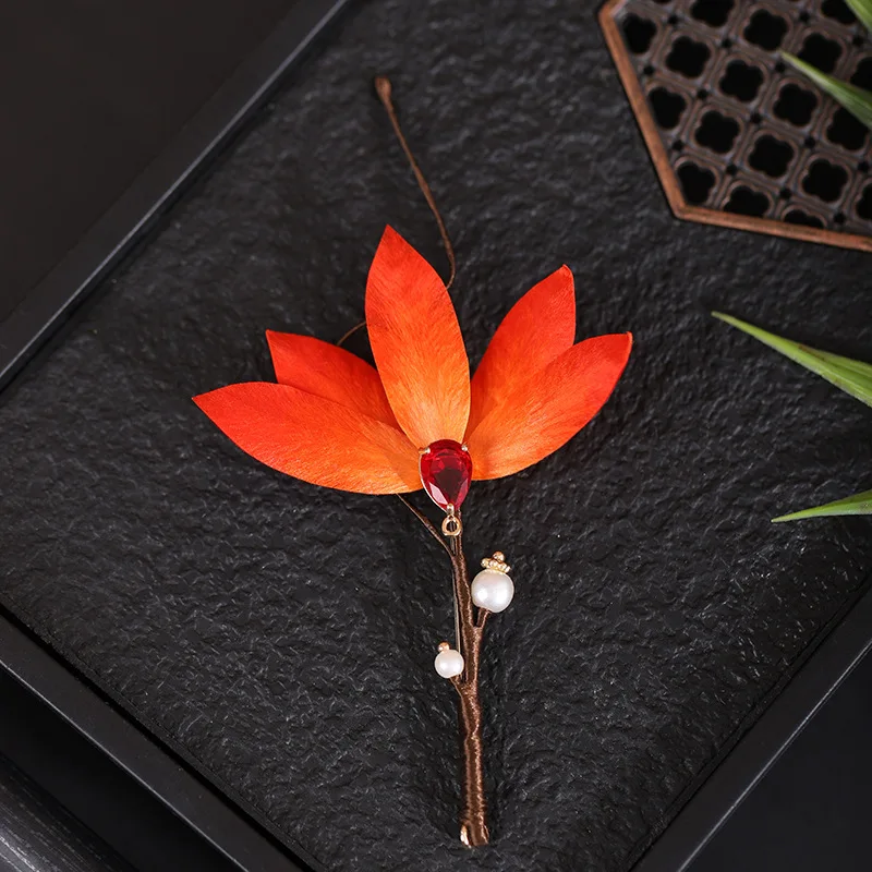 Handmade Chinese Intangible Cultural Heritage Gradient Maple Leaf Silk Velvet Flower Hairpin Hanfu Retro Hair Accessory Faux Pea