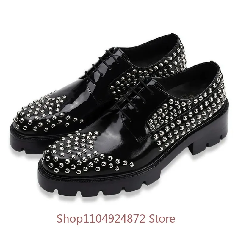 Designer Luxury Thick Soled Dress Leather Shoes Men's Cowhide Trendy Metal Rivets Genuine Leather Business Casual Platform Male
