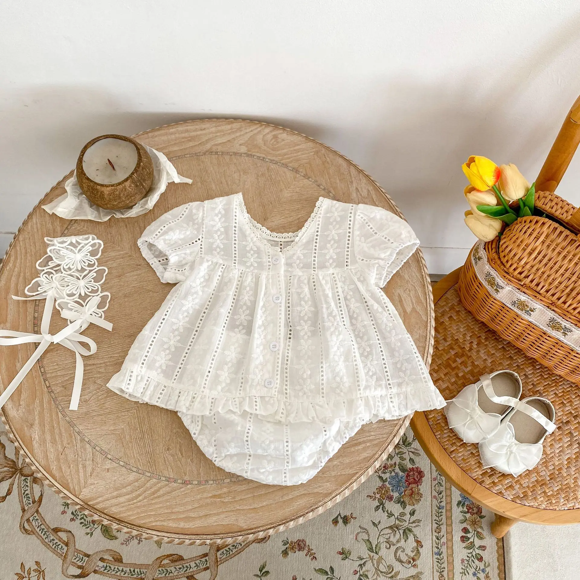 Summer New Baby Girl Cute Lace Embroidered Solid Countryside, Cute, Trendy Short sleeved Top+Triangle Pants Set