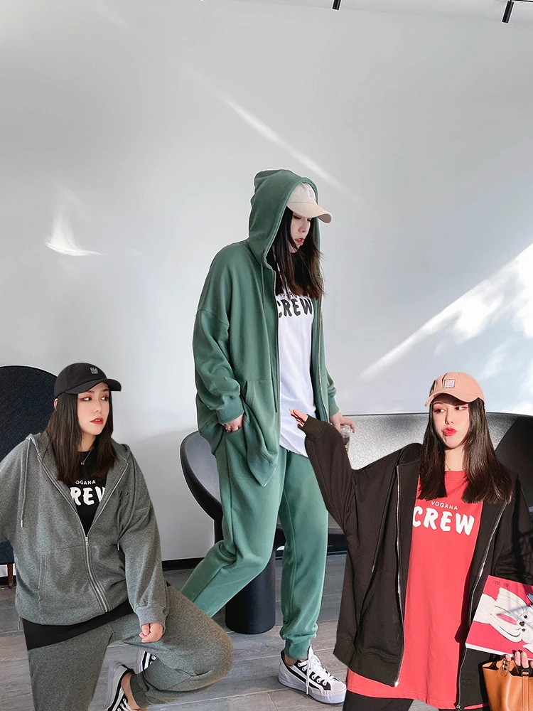 

Комплект спортивной одежды больших размеров Cannes: худи и брюки в уличном стиле, свободный крой, длинный рукав, застежка-молния, корейский стиль, для полных женщин