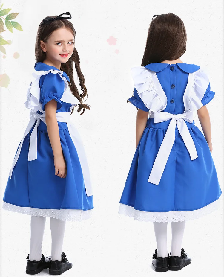 

Children Girls Blue Dress Alice in Wonderland Halloween Cosplay Costume for Kids Lolita Maid Dress with White Apron Carnival