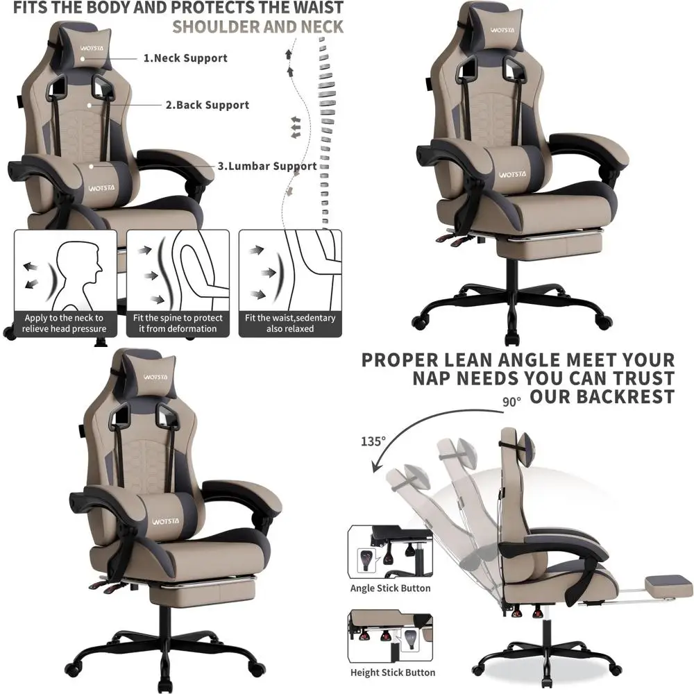 

Ergonomic Massage Gaming Chair with Footrest, Comfortable Headrest and Lumbar Support, High-Back, 300 lbs Capacity, Grey