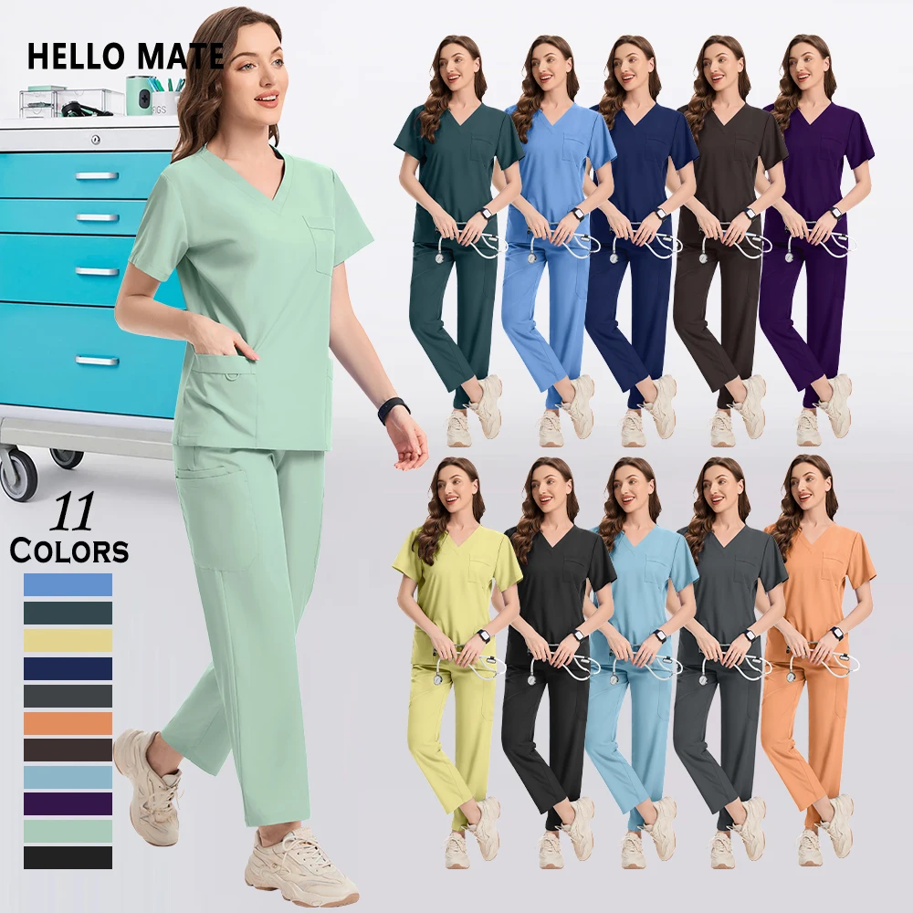 빠른 건조 여러 포켓 스트레이트 바지 세트 의료 수술 작업복 의사 스크럽 정장 치과 의사 간호사 유니폼 미용 작업복