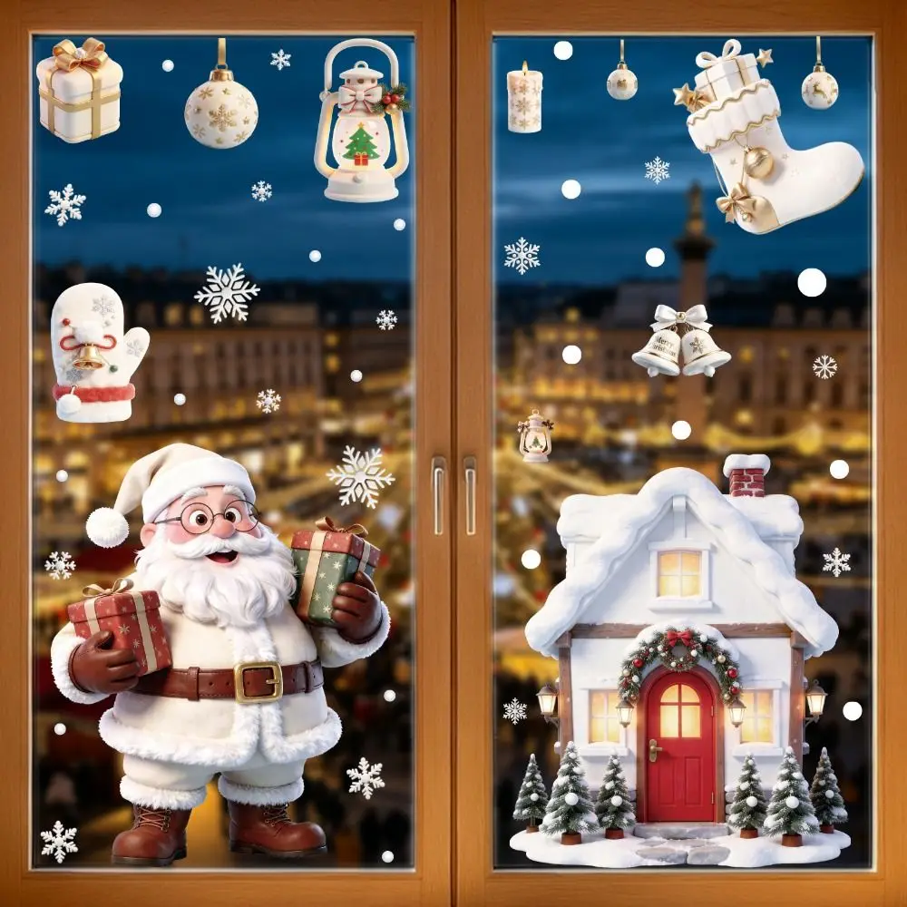 Electrostatic Merry Christmas Window Stickers Blue White Snowflake Snowman Deer Christmas Static Decals Photo Props Waterproof