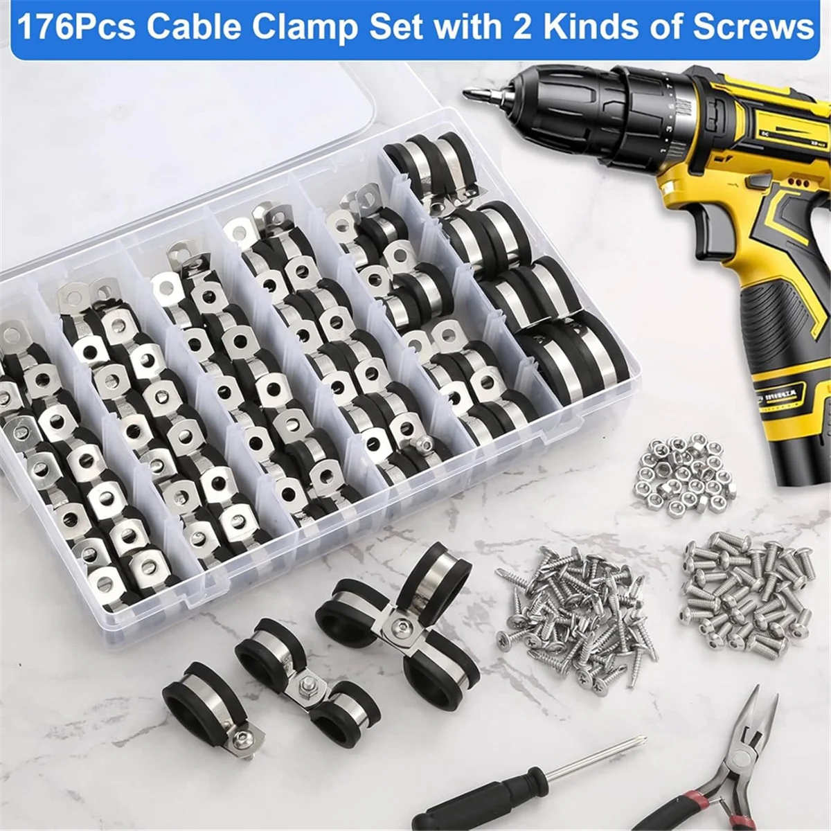 

PA-176Pcs Cable Clamps Set, 8 Sizes Rubber Insulated Clamps with 72Pcs Screws, for Wire Cord Automotive