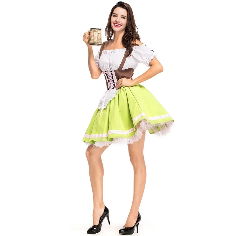 Beer Maid Sling Sheath Dress Off-Shoulder Shirts Grass Green Bavarian Traditional German Oktoberfest Costume Cosplay Party Dress