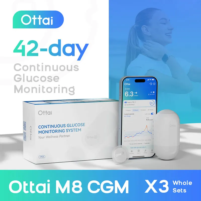Ottai CGM Monitor de glicose contínua indolor CGM 3 Sest completo por 42 dias AI Medidor inteligente de glicose no sangue