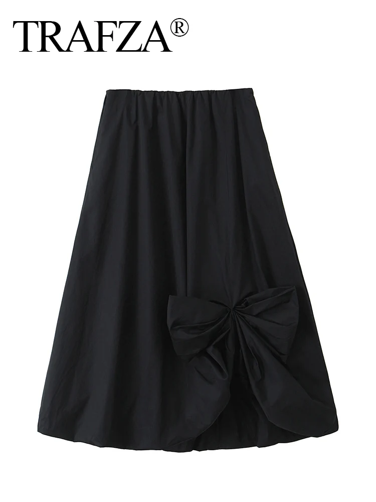 TRAFZA 2024 Women Fashion Versatile Bow Decorated Black Balloon Lantern Skirt Female New Chic Elegant Sexy Mid-Calf Casual Skirt