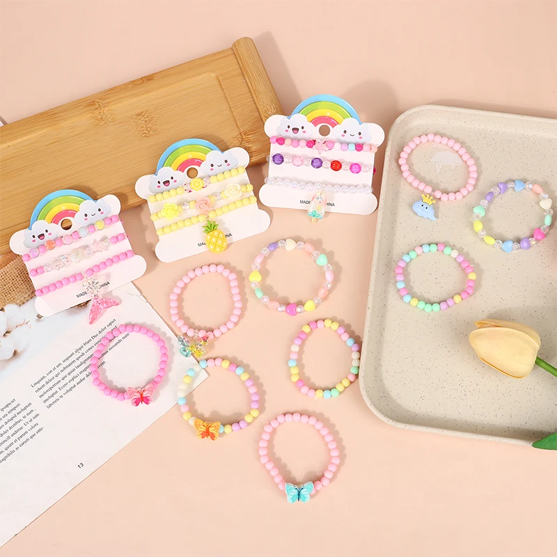 3 Piece/Set Children Dreamy Candy Color Beaded Bracelet For Kids Elastic Butterfly Pendant Lovely Jewelry