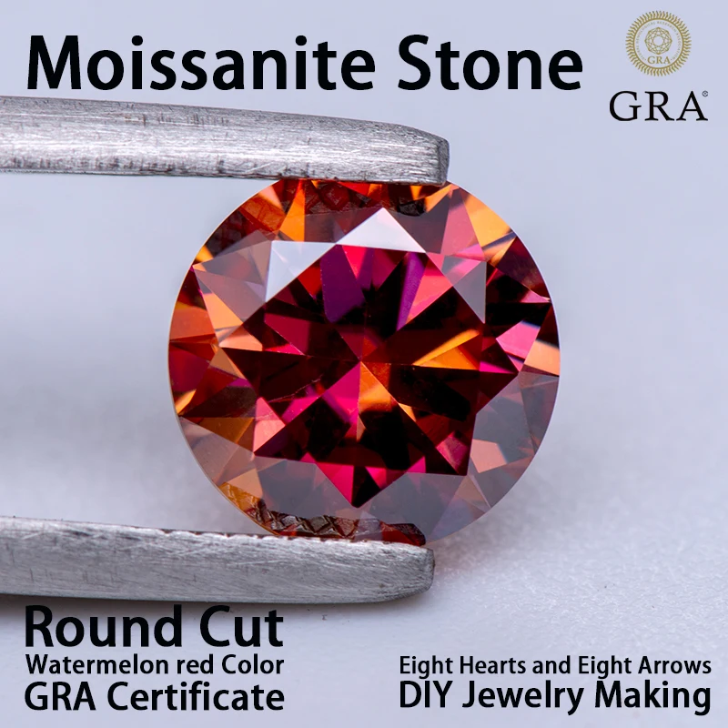 Moissanite Stone Round Cut Watermelon Red Color Pass Diamond Tester DIY Charms Jewelry Making Ring Main Materials Certificate