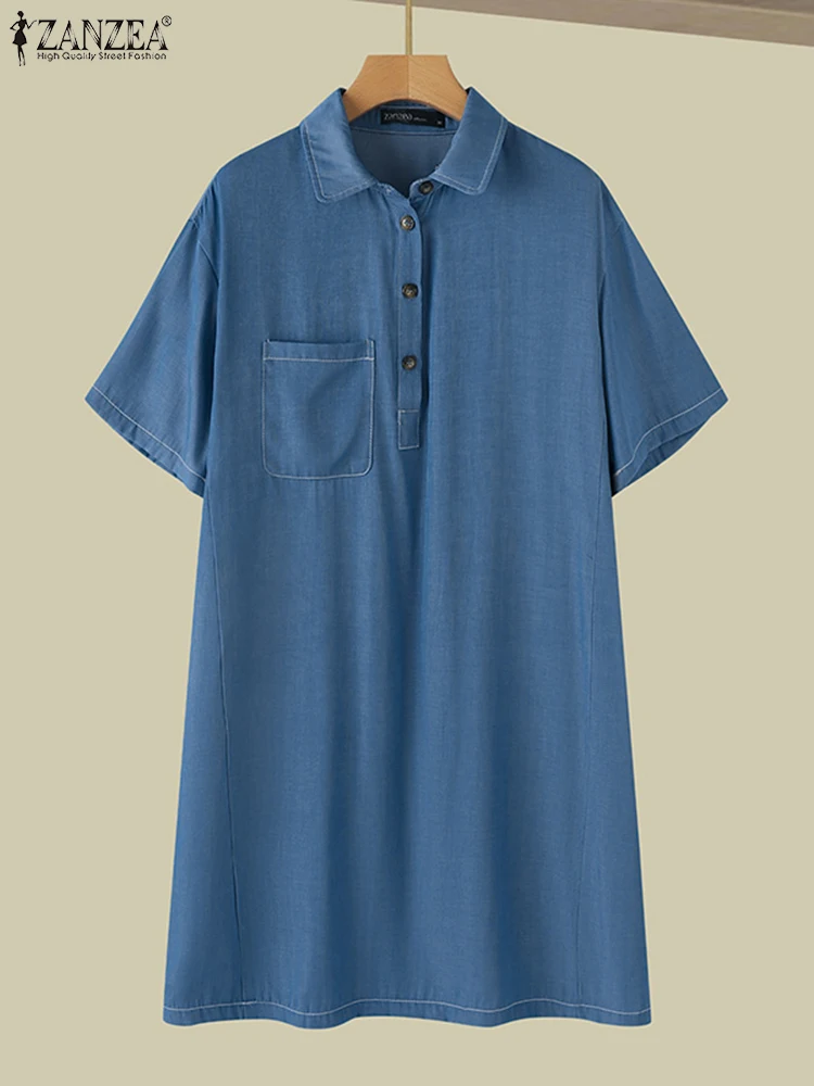 ZANZEA-Robe Chemise en Denim Bleu pour Femme, Mini Robe Vintage à la Mode, Manches Courtes, Poches, Robe Décontractée, Col à Revers, Été 2024