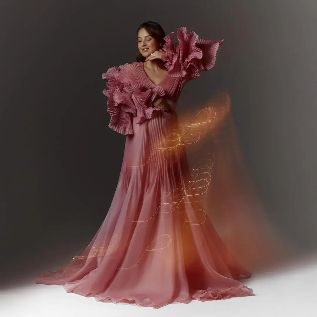 Encantadores vestidos de maternidad plisados de Organza para mujeres embarazadas, vestido plisado con cuello en V para sesión de fotos de maternidad, vestido rosa para Baby Shower
