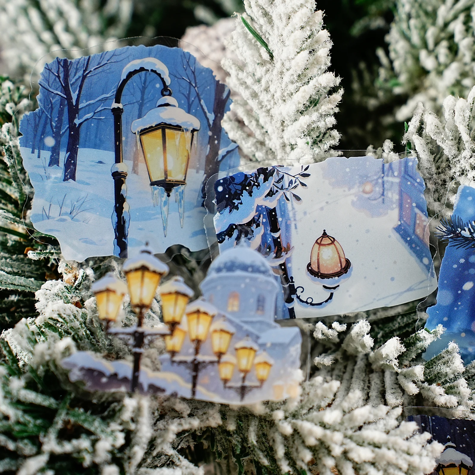 15枚の冬の街並みステッカー、スクラップブッキング、ラップトップ、電話ケース、DIYジャーナル、文房具デカール、季節のクラフト用品用