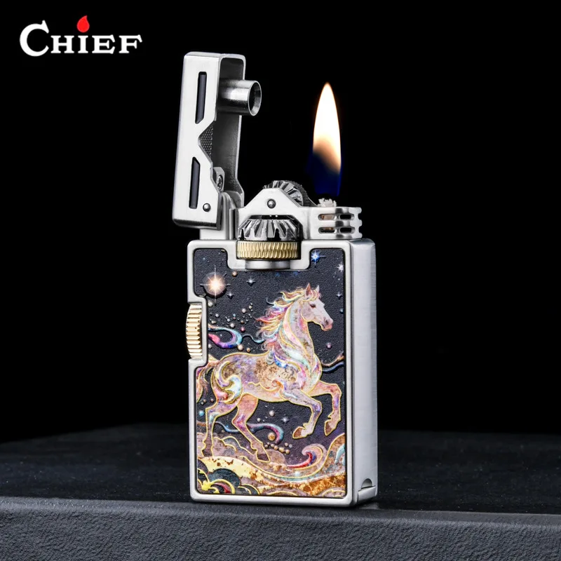 CHIEF Gear-Driven Fuel Lighter, Creative Painted Year of The Horse Limited Edition, Windproof & Premium Gift for Men